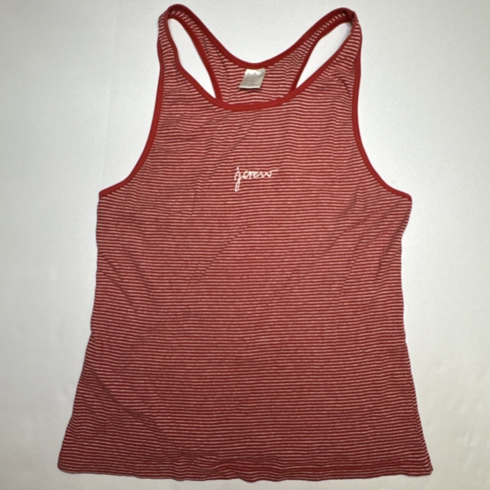 J.Crew Womens Red White Striped Racerback Tank Top Script Logo Size M‎ Cotton